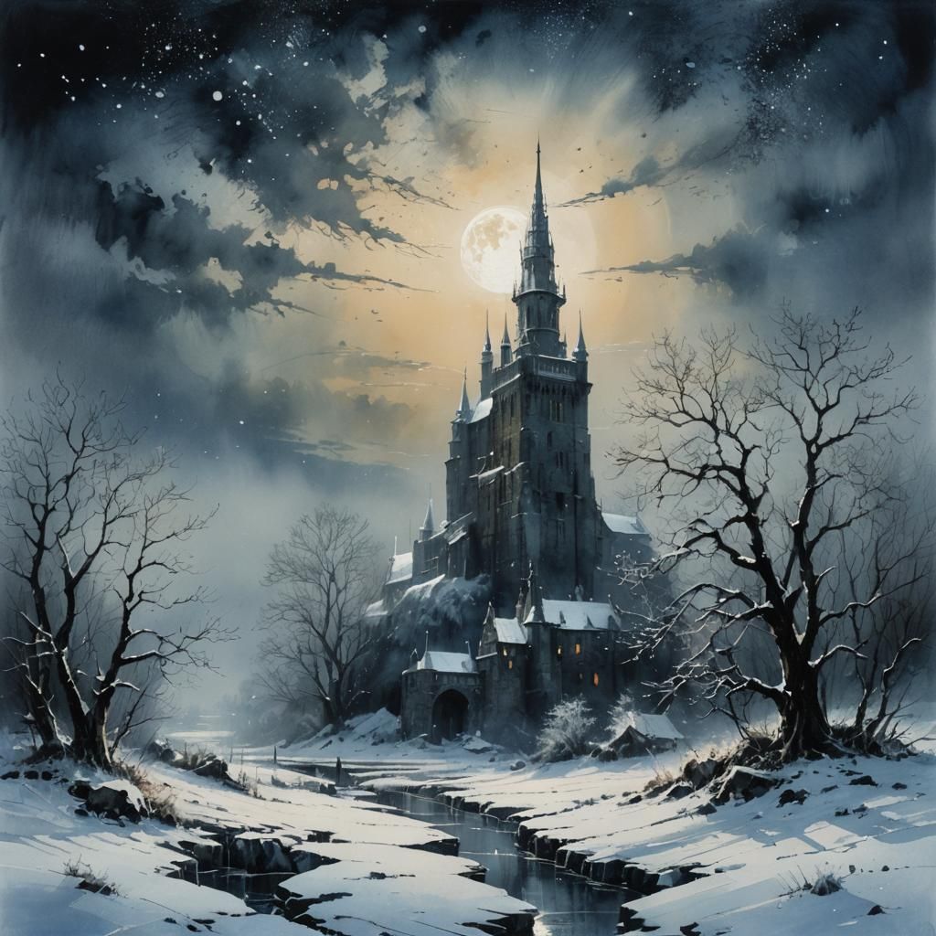 Ethereal Grimdark Tower Under Frozen Night Sky