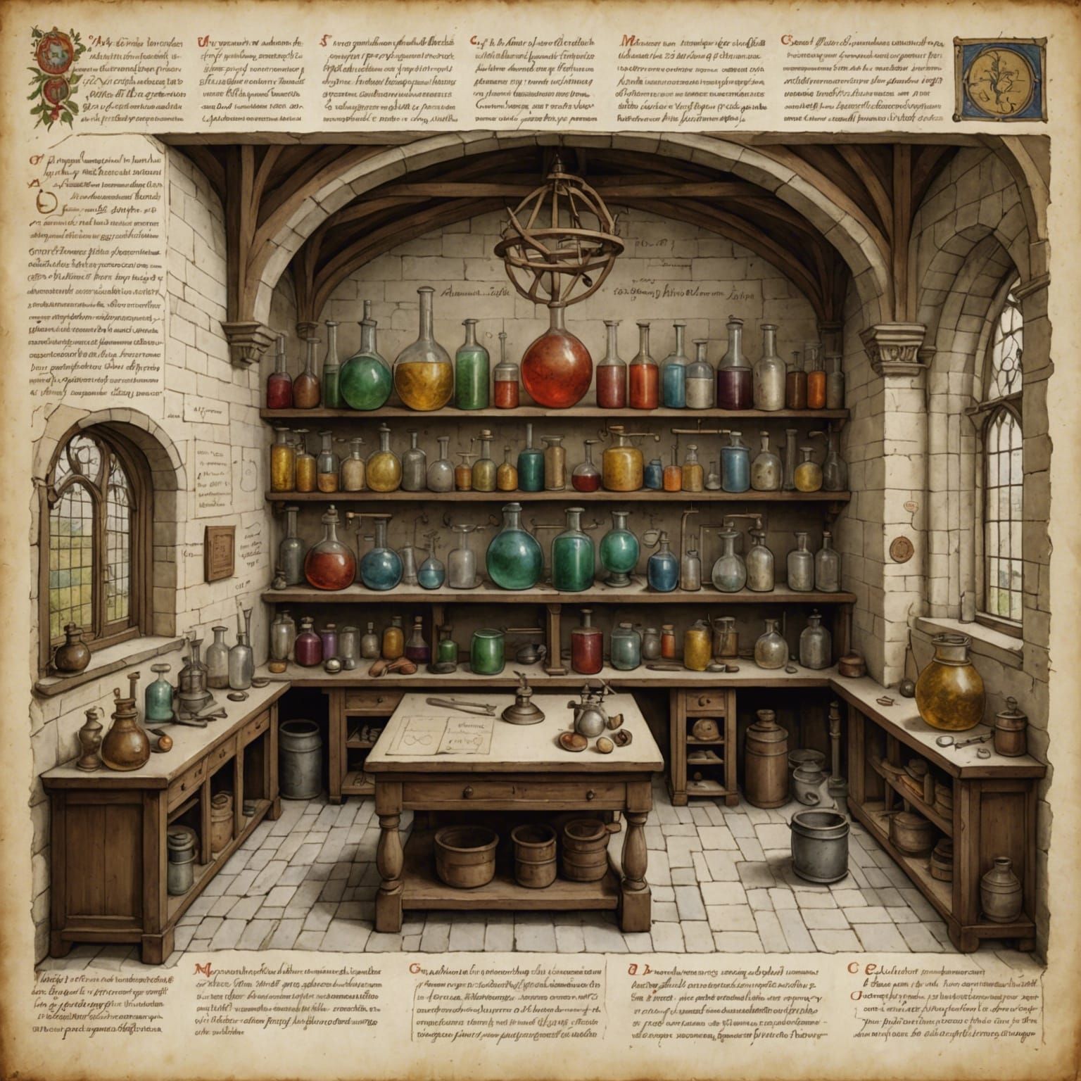 Medieval Chemistry Lab: Detailed Parchment Illustration