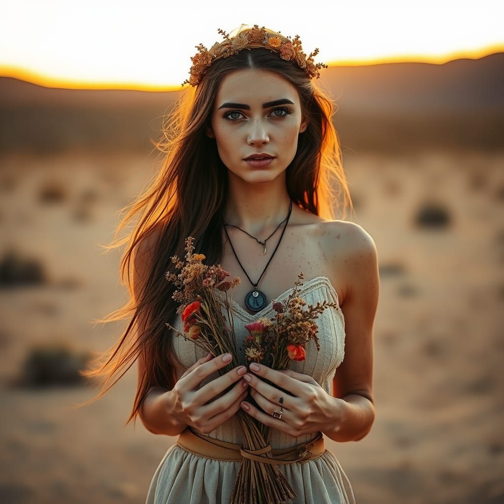Desert Woman with Dried Flowers at Sunset