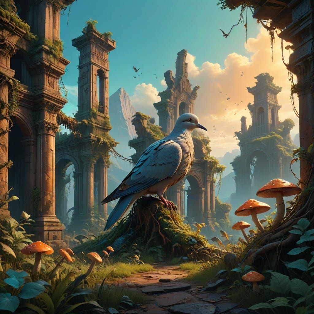 Mystical Dove Amidst Ancient Ruins in Vibrant Fantasy