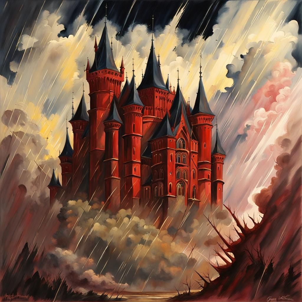 Red Castle in Stormy Night, Gouache Style