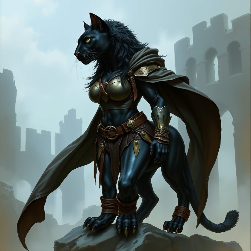Panther Centaur in Castle Ruins, Dark Fantasy Art