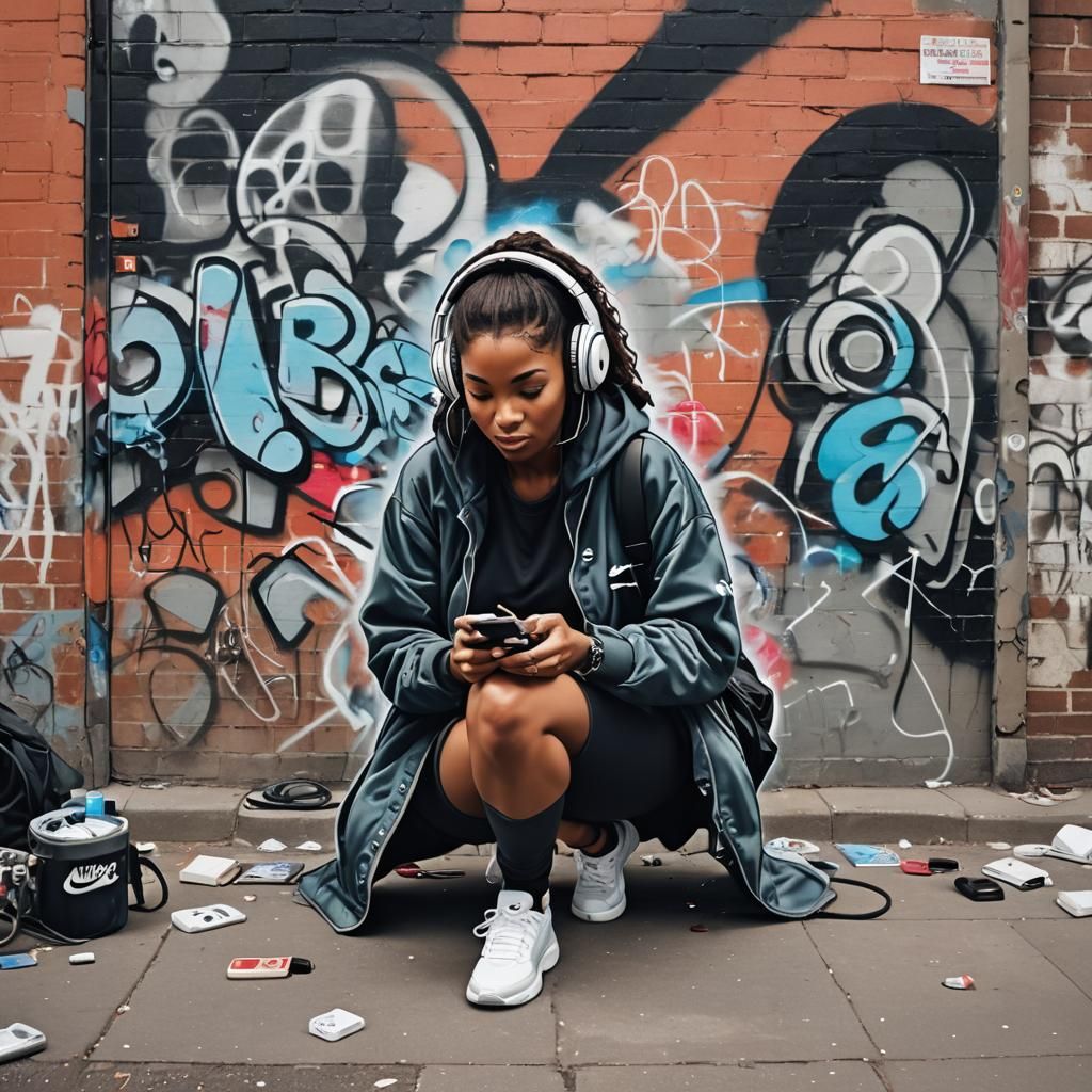 Female Graffiti Artist with Discman in Urban Scene