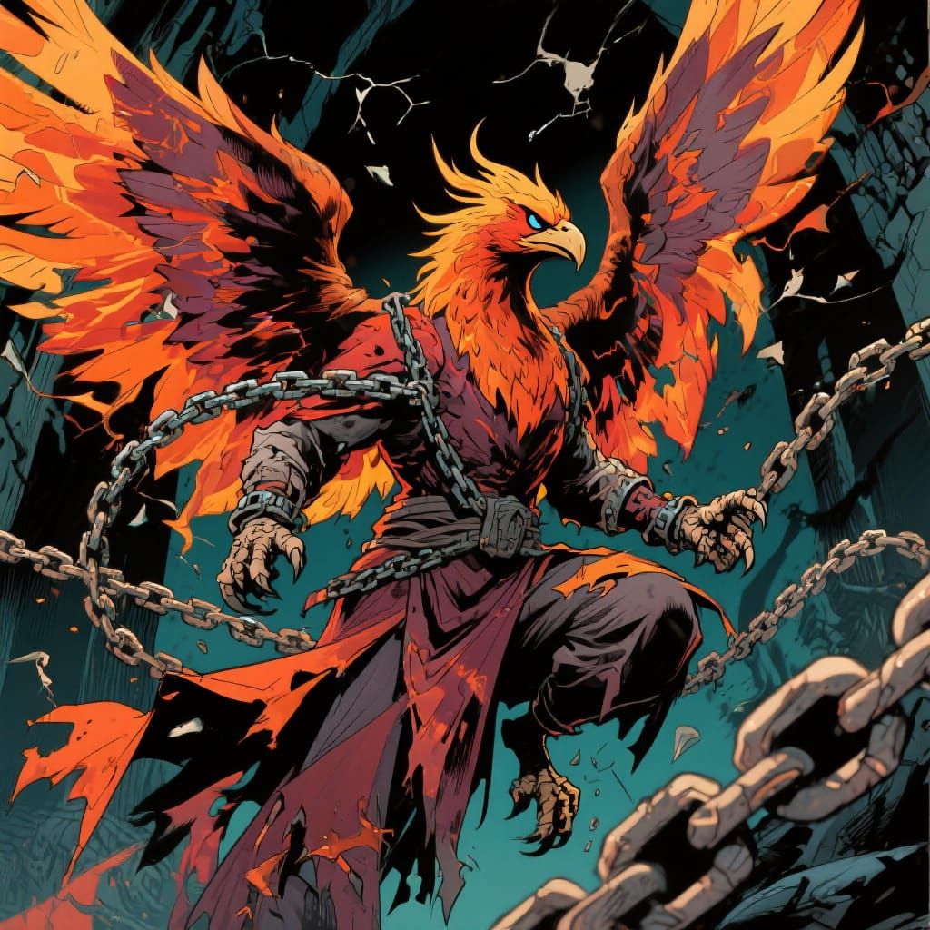 Fiery Phoenix Shatters Chains in Comic Book Style