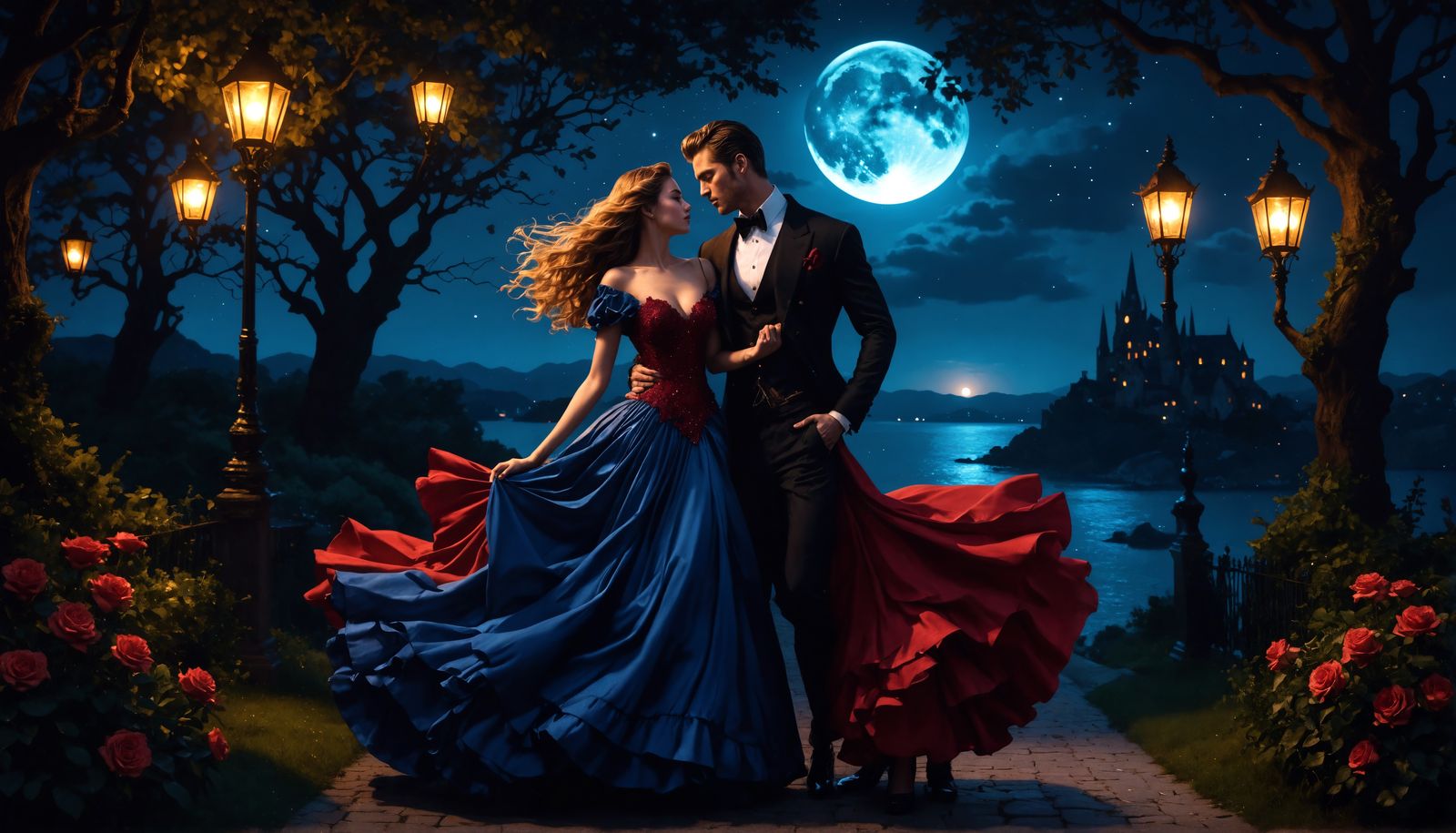 Romantic Lovers Embrace in Retro Rockabilly Watercolor