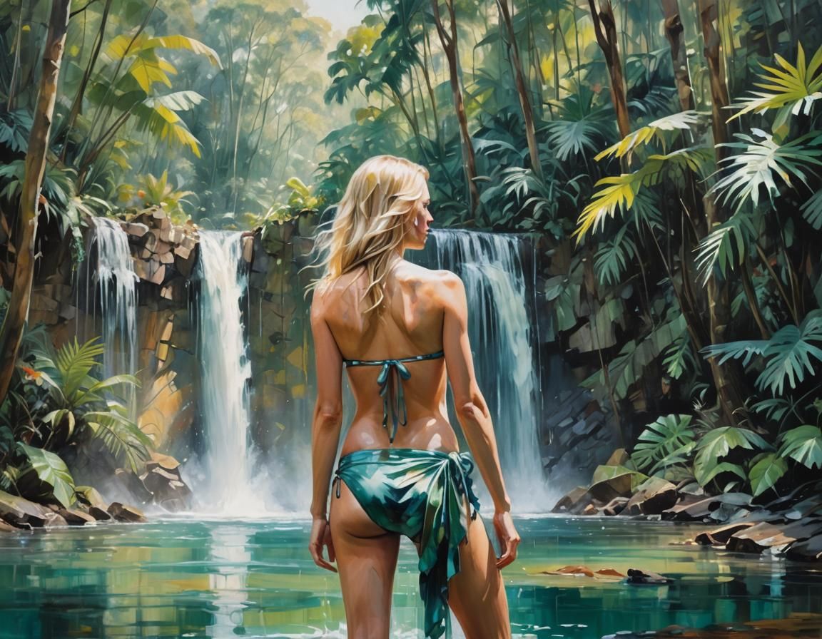 Tropical Waterfall Oil Painting with Blonde Woman