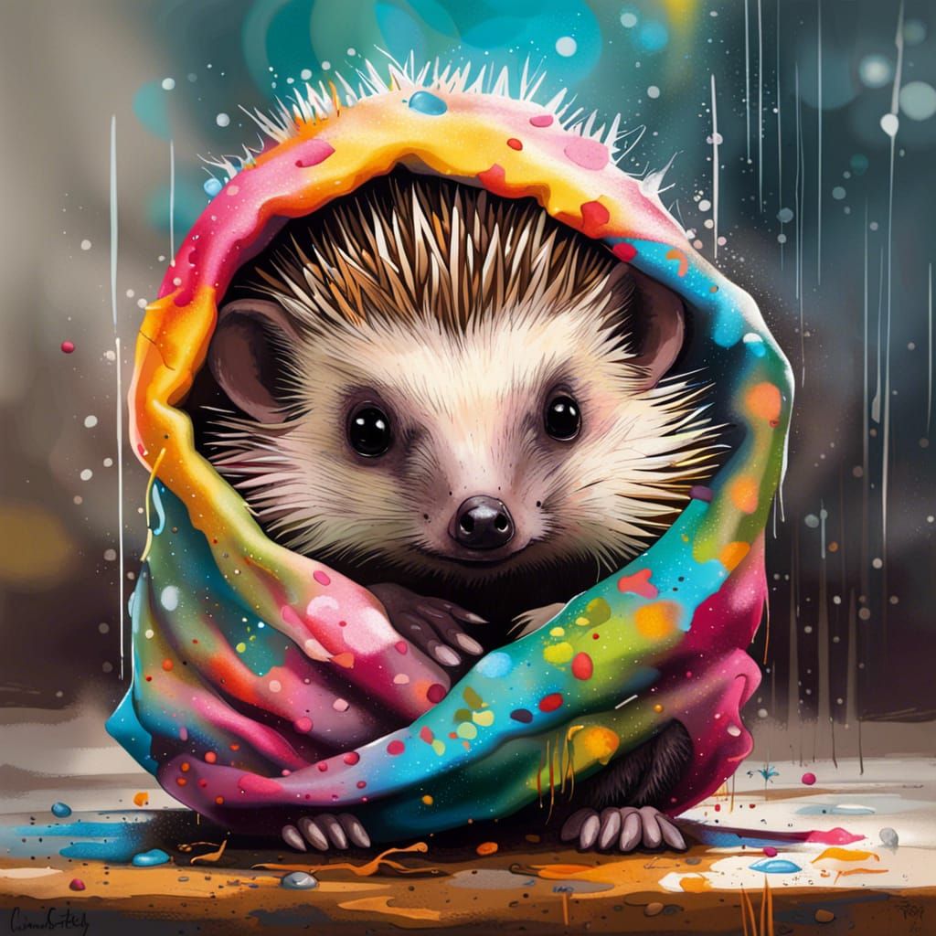 Adorable Hedgehog Snuggling in Polychromatic Splash Art