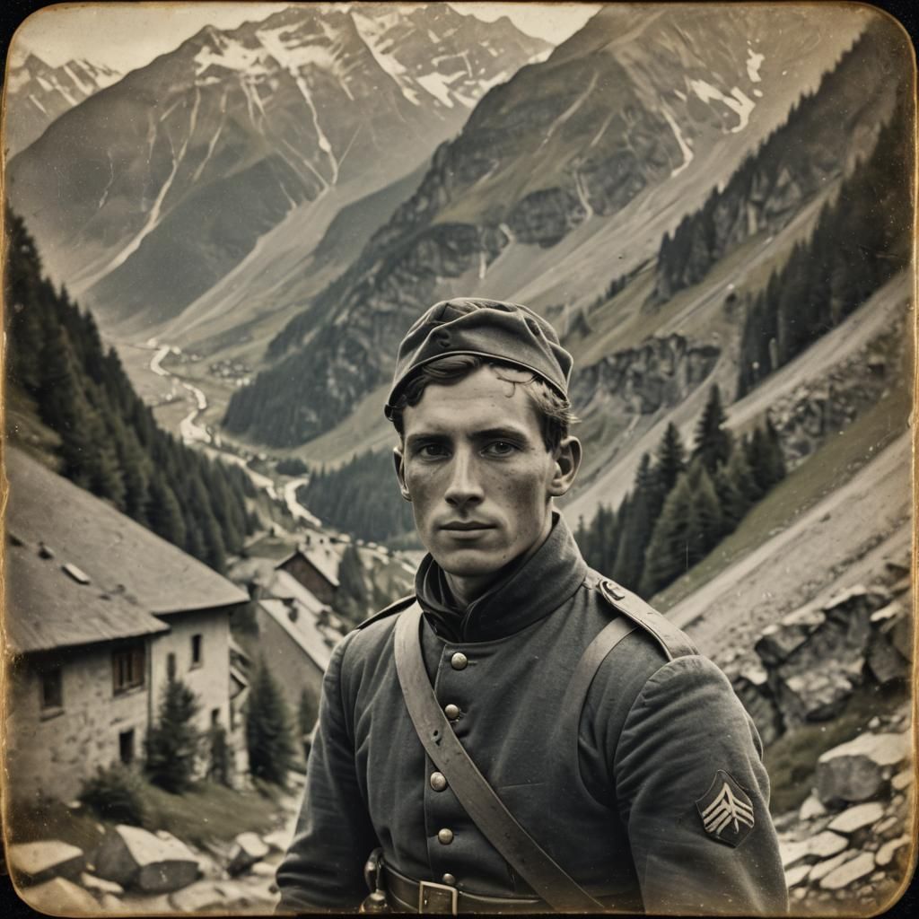 Young Soldier in Alps: Daguerreotype Style Portrait