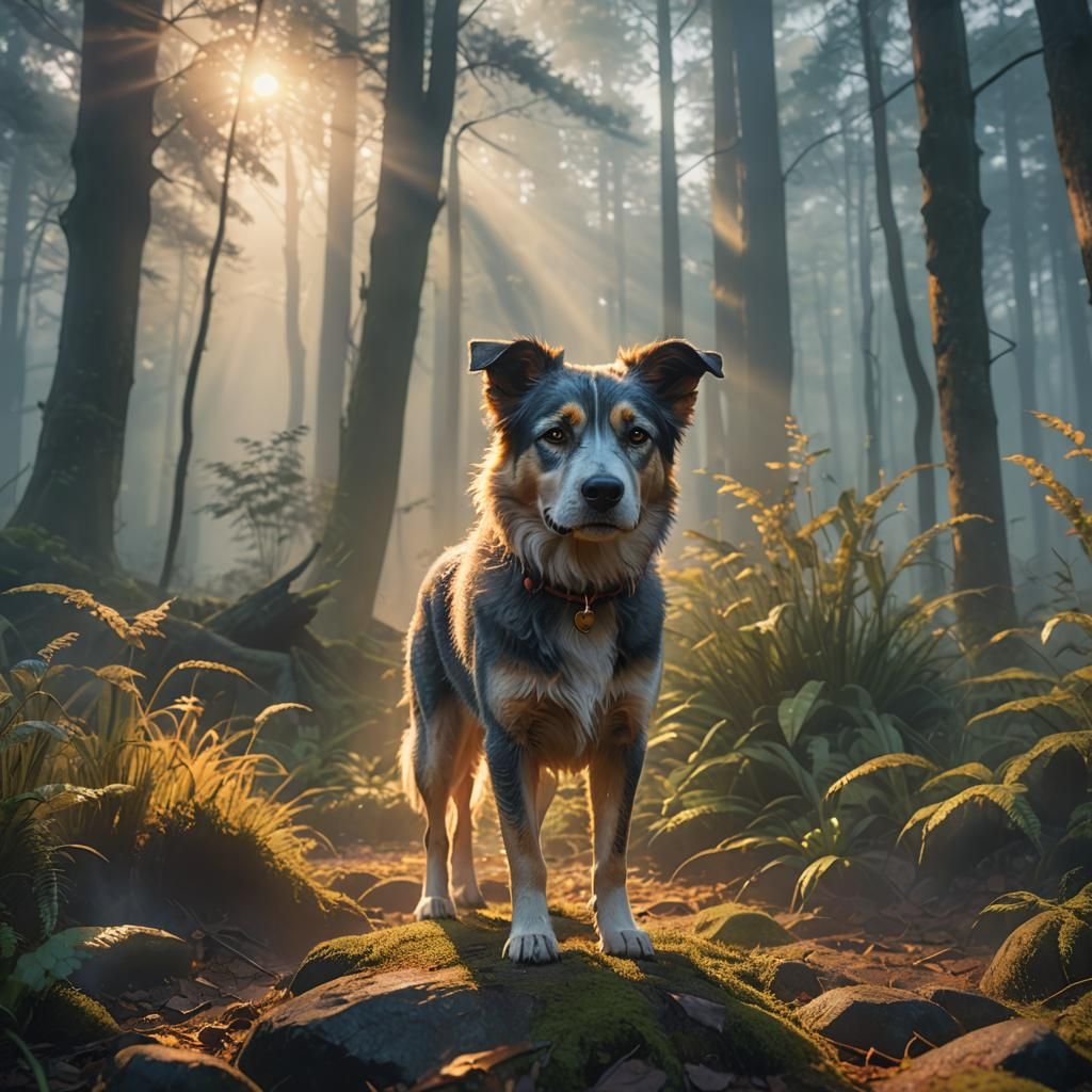 Anime Dog in Misty Forest, 3D Rendered