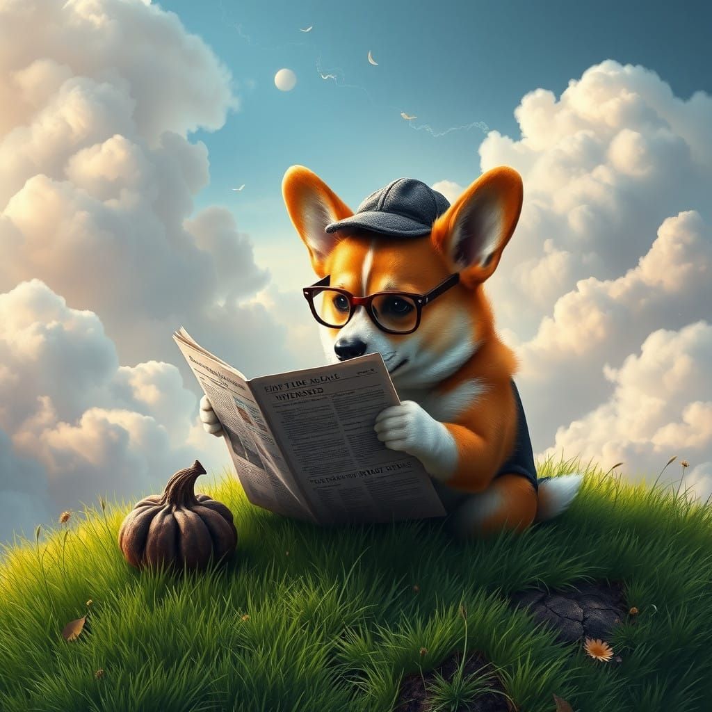 Corgi in Whimsical Newsboy Getup Reads Vintage Newspaper