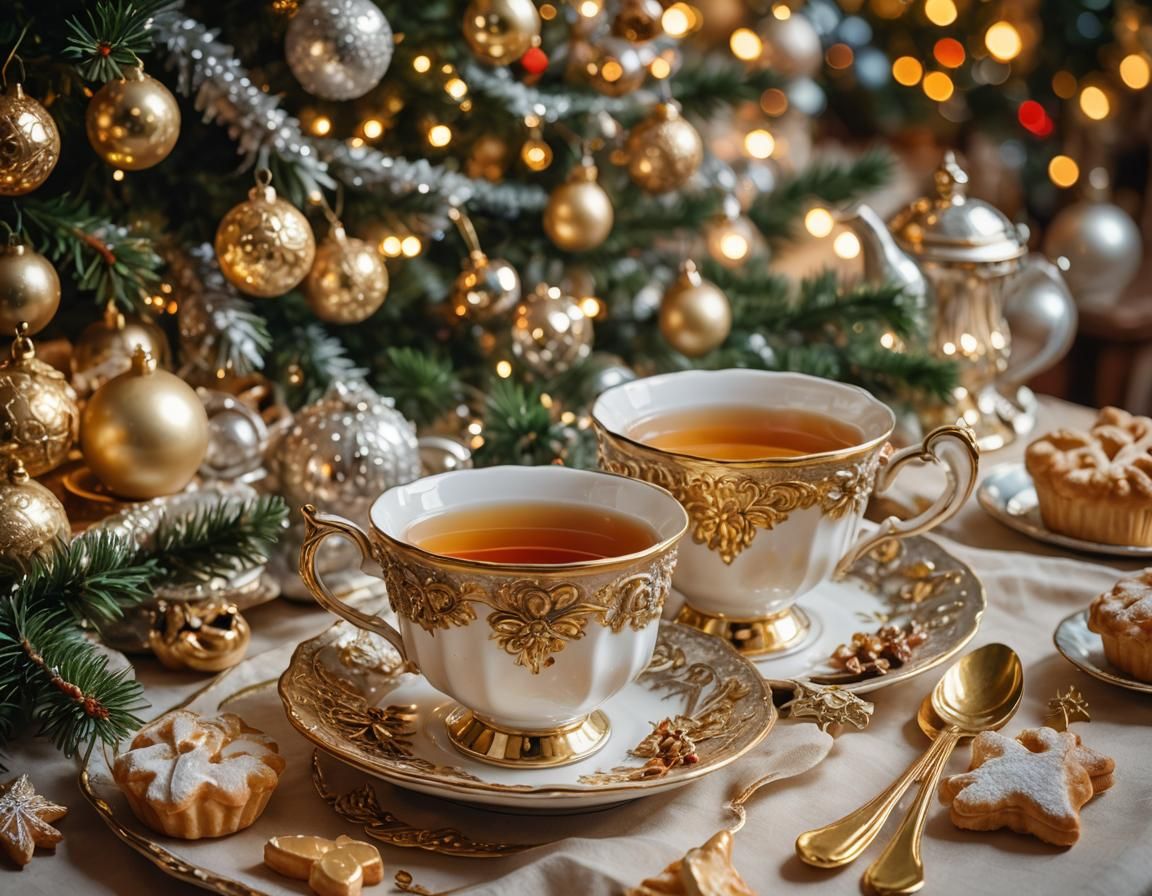 Luxurious Christmas Tea Setting with Gold Accents and Pastry...