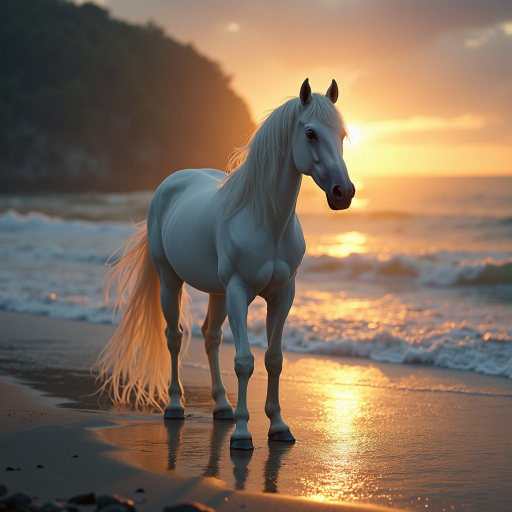 Majestic White Stallion Illuminated in Dreamlike Beach Scene