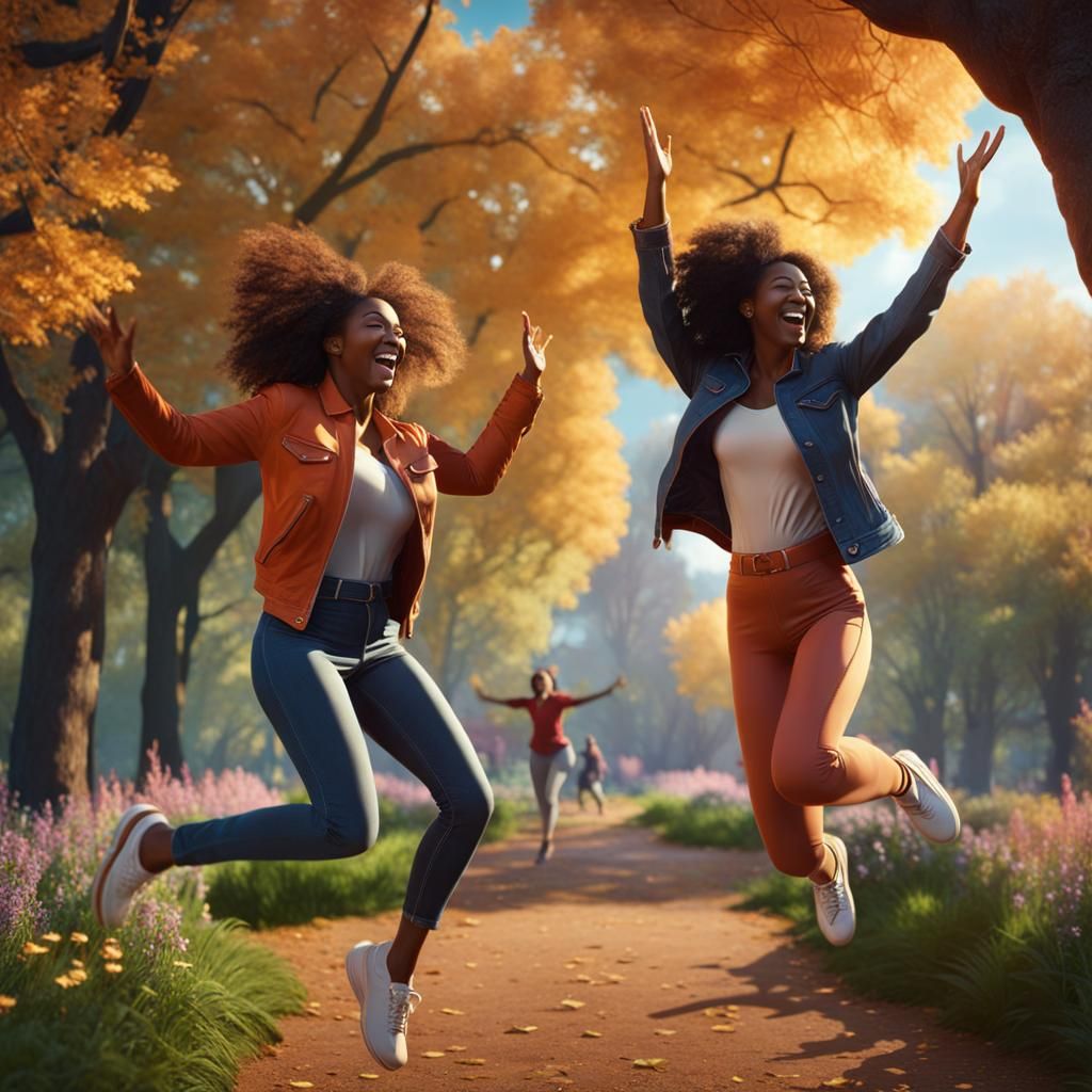 Women Celebrate with High Five in Park, Detailed Art