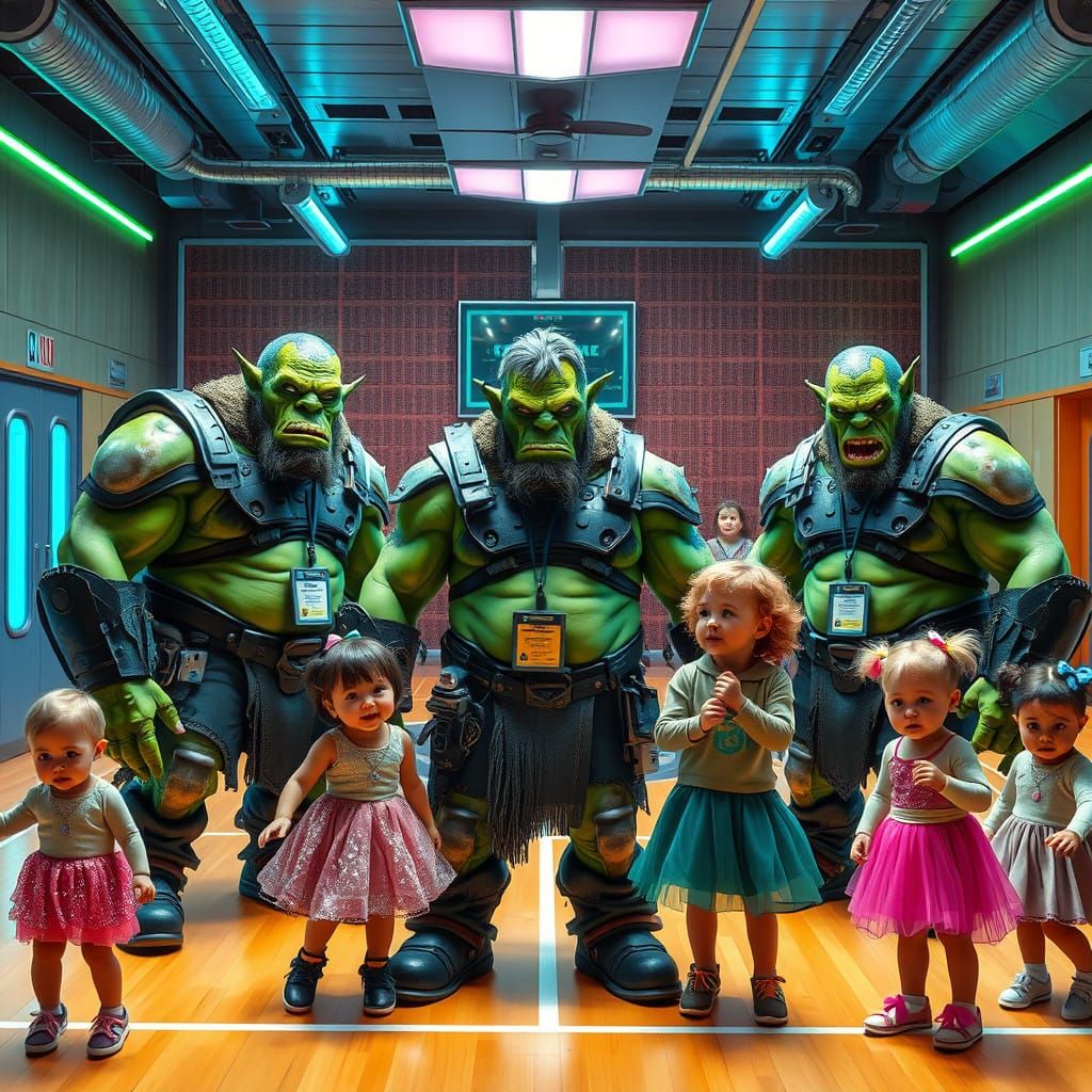 Futuristic Orc Gym Teachers in a Neon-Lit Elementary School