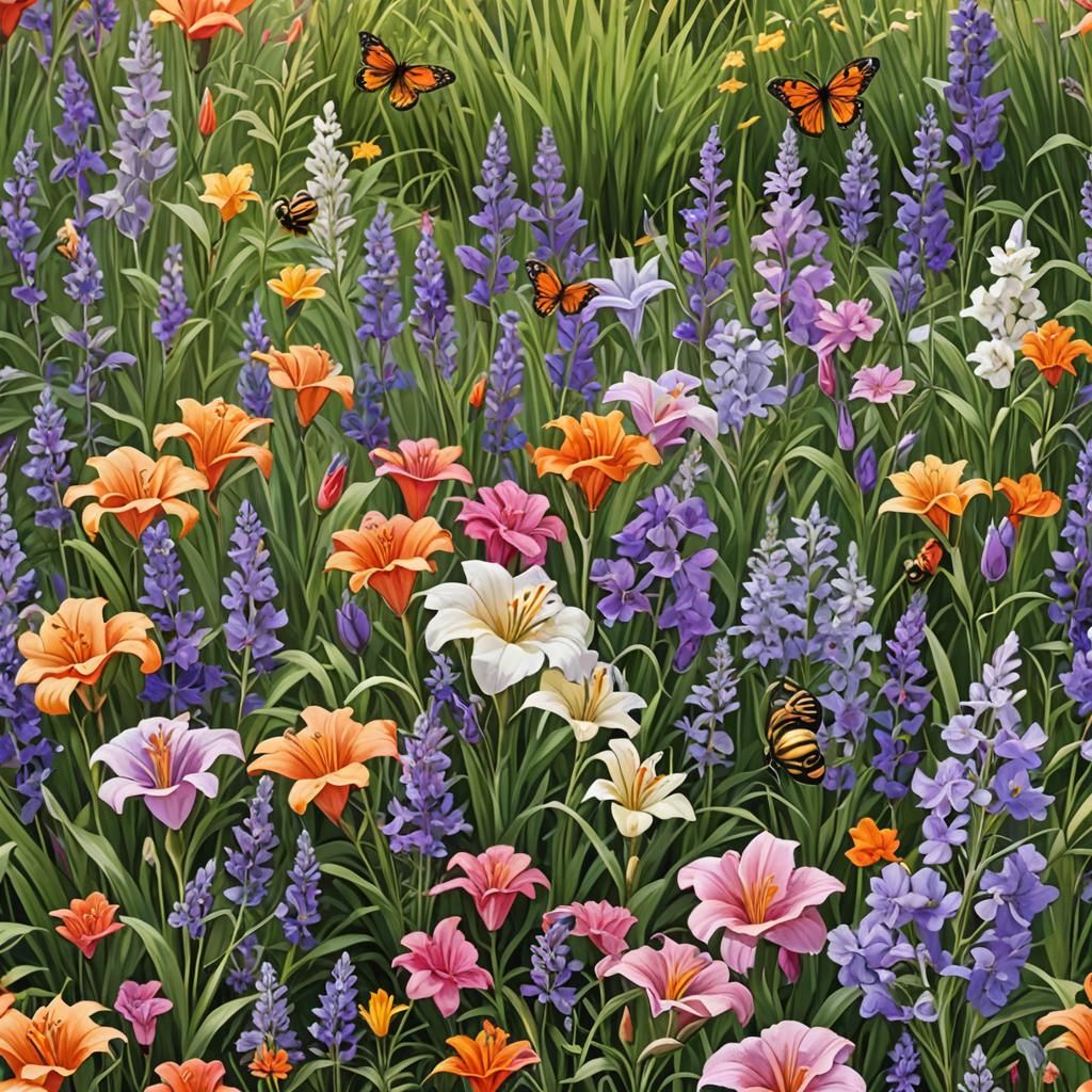 Lush Flower Garden in Bloom with Pollinating Bee