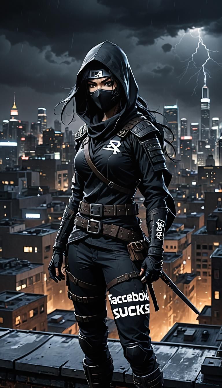 Ninja with "Facebook Sucks" written on her shirt in a large ...