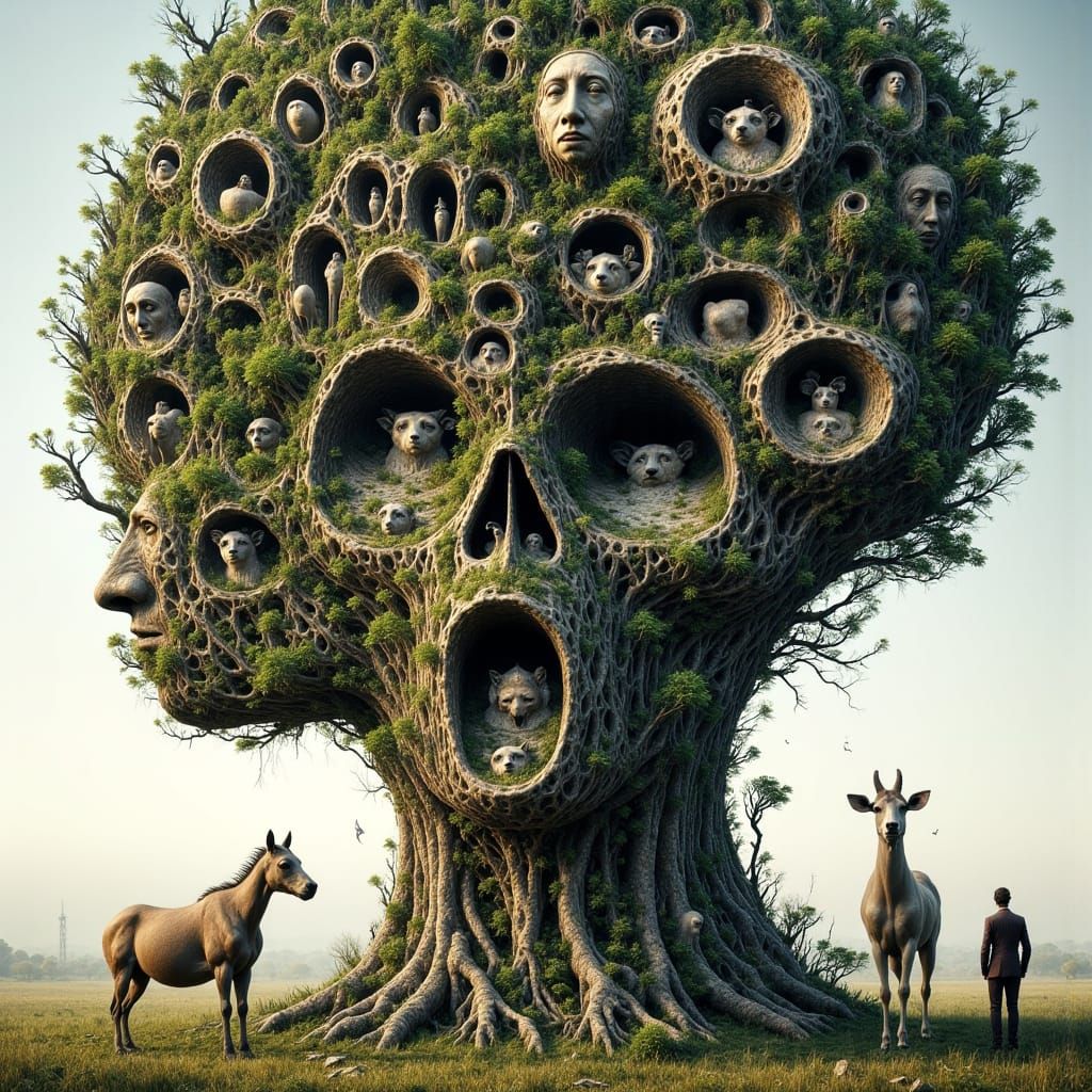 Camouflaged Animals Hidden in Abstract Tree