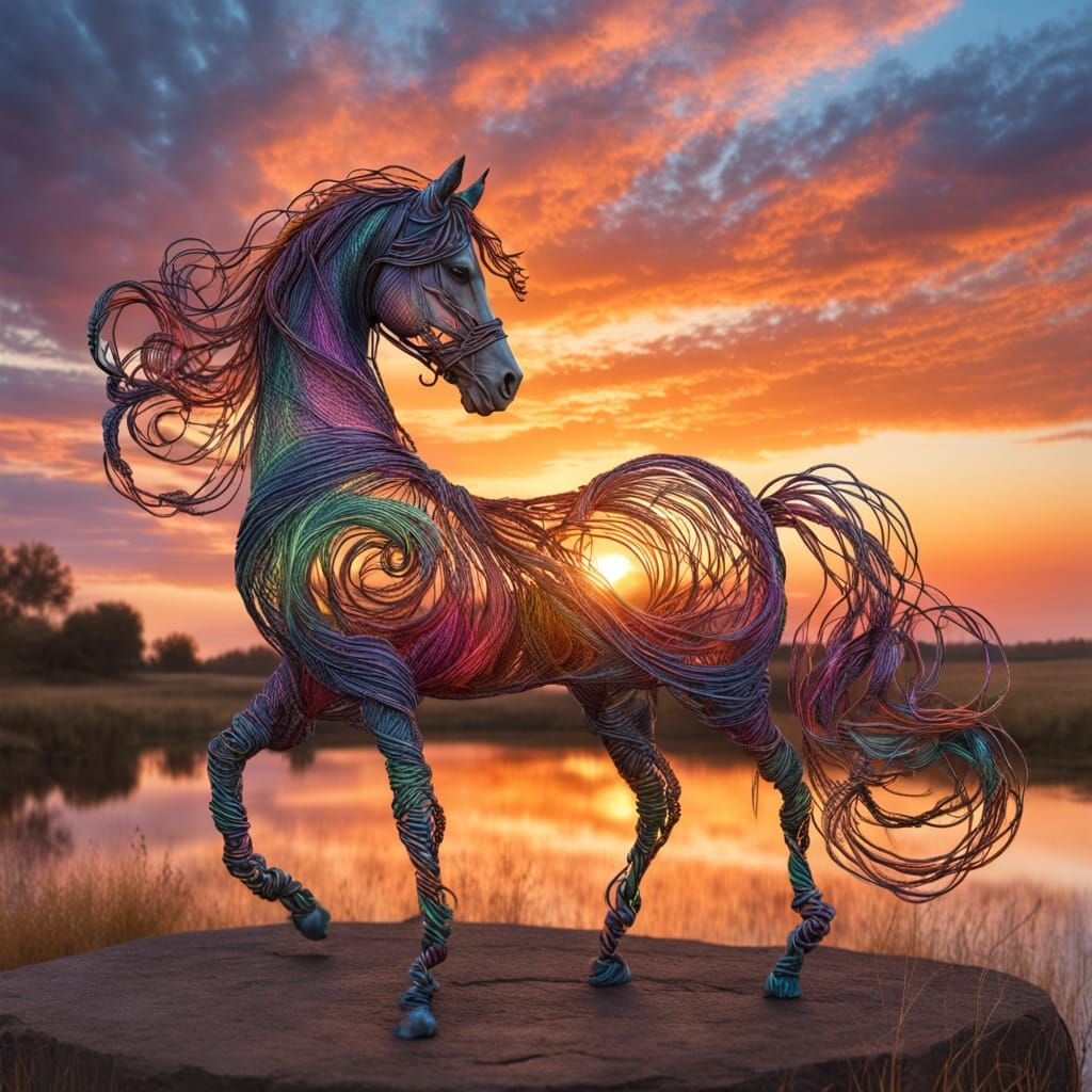 Ethereal Wire Sculpture: Girl on Horse at Sunset