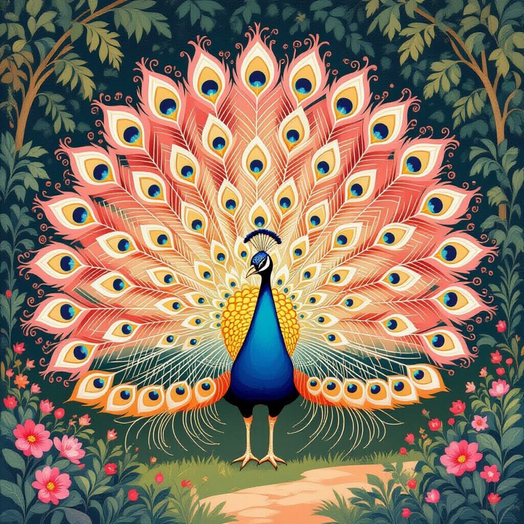 Peacock with Vibrant Plumage in Art Nouveau Style