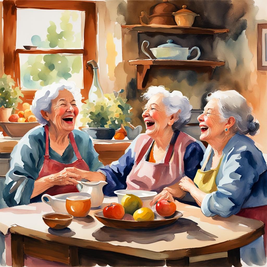 Cozy Kitchen: Old Women Laugh in Watercolor