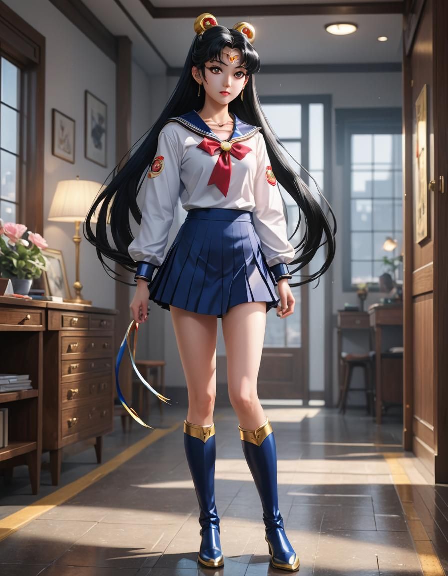 Beautiful Sailor Moon, with short skirt and knee high boots walk into room with long black hair and a hot model body