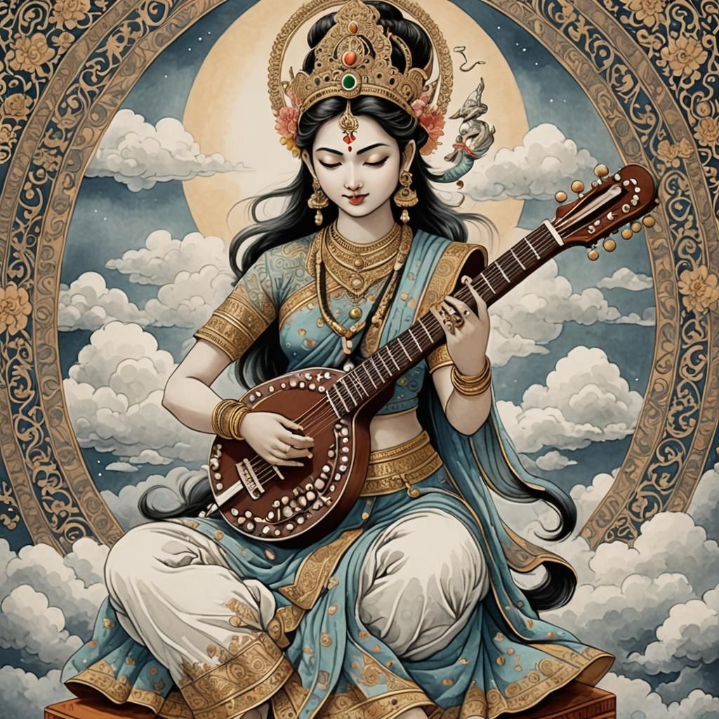 Apsara Cloud-Spirit Playing Sitar Illustration