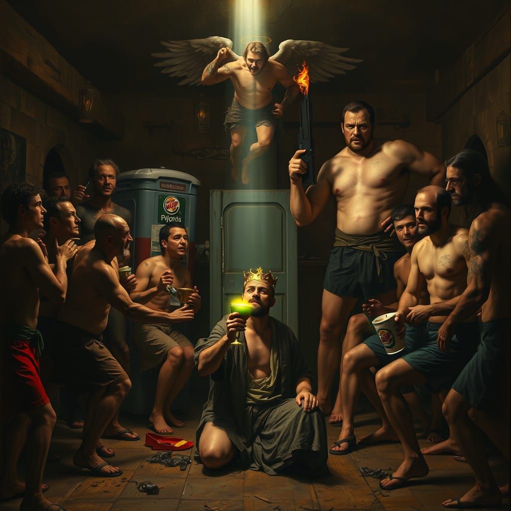 A Dimly Lit Tavern Scene Depicting Martyrdom in a Futuristic...