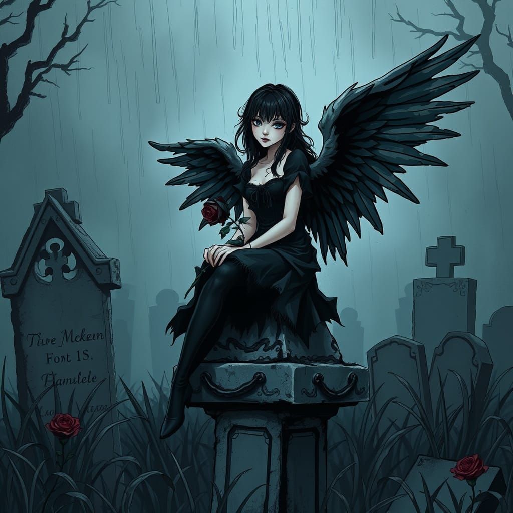Emo Goth Angel in Graveyard, Dark Fantasy Art