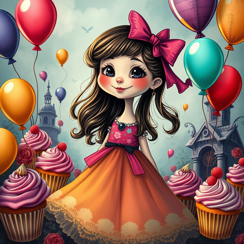 Whimsical Girl with Cupcakes and Balloons in Cartoon Style