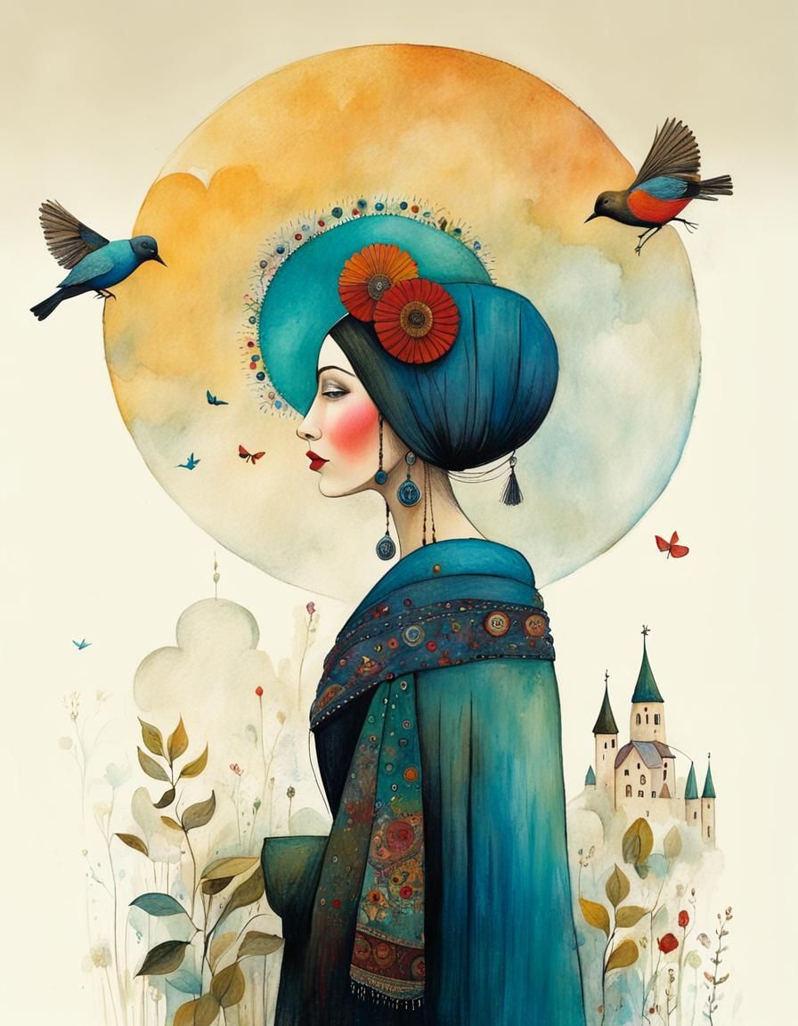 Whimsical Gypsy Woman Illustration in Naive Art Style