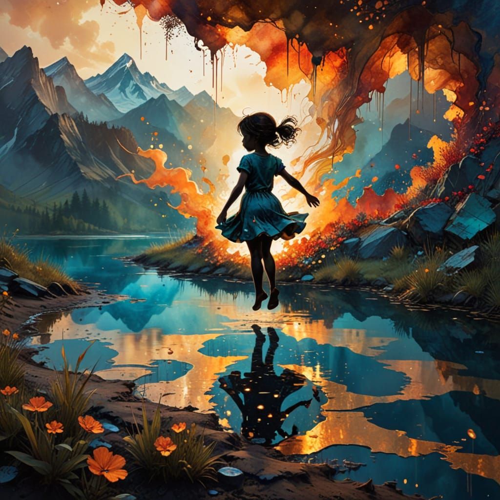 Ethereal Sheet Music and Child's Silhouette at Sunset