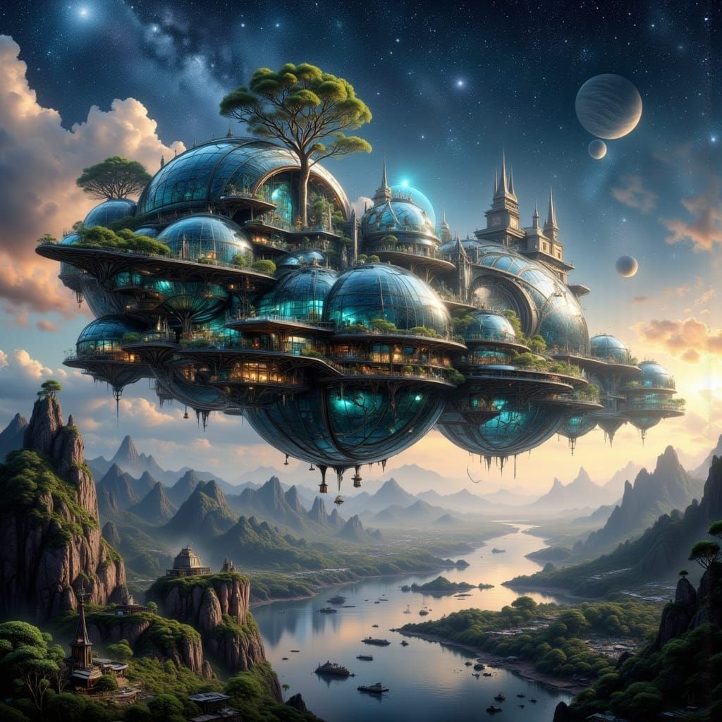 Colossal Spaceship City in Art Nouveau Punk Style