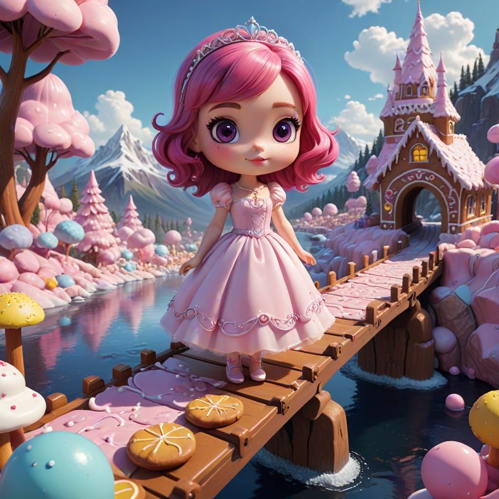 Chibi Princess on Gingerbread Bridge in Candy Art Style