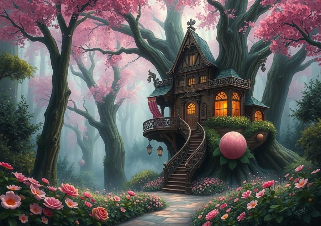 Enchanted Treehouse in a Pink Flowery Forest