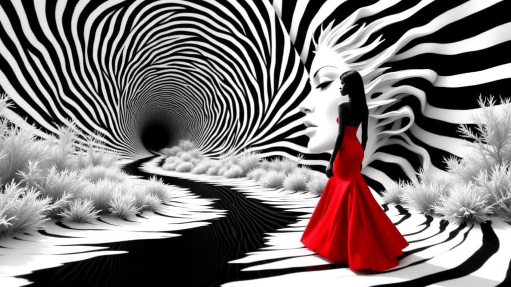 Woman in Red Gown Walks Towards Vortex in Op Art Style