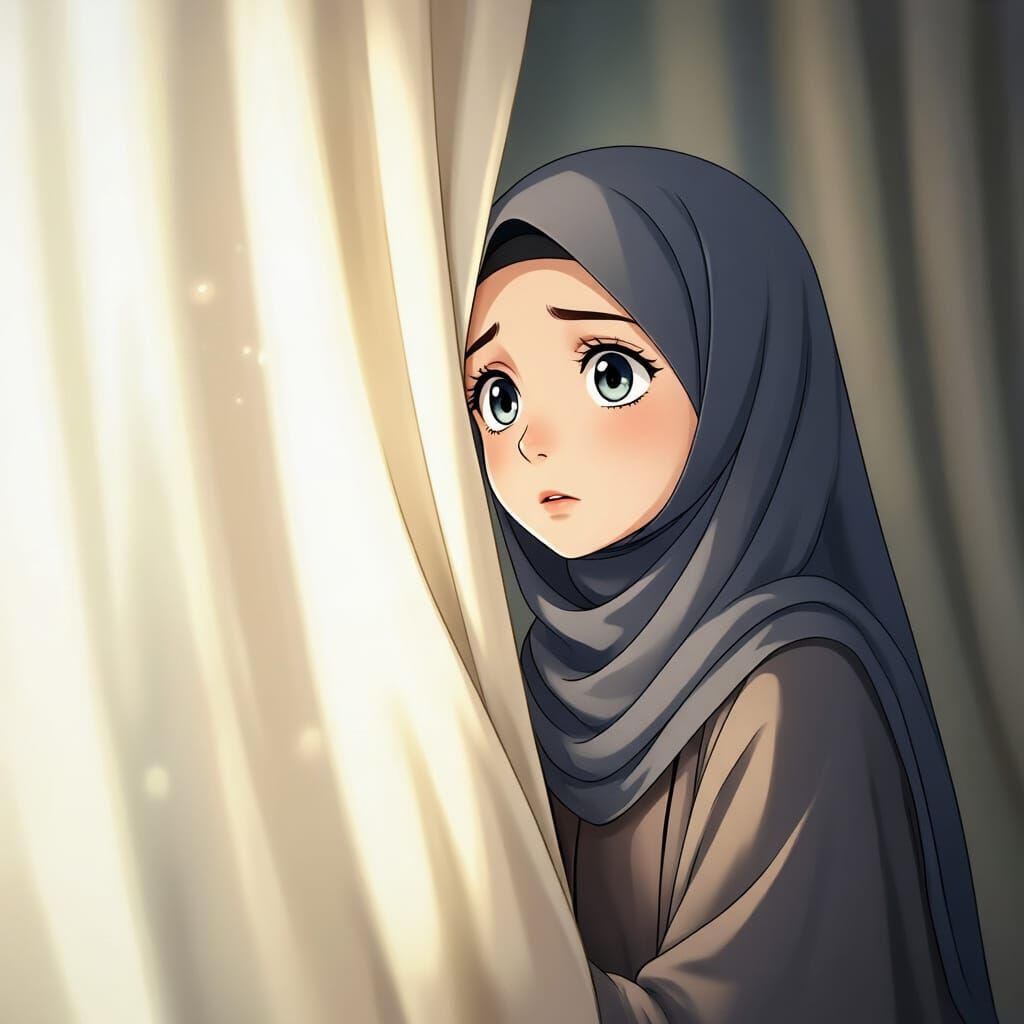 Teenage Hijabi Girl Peeking from Behind Curtain, Anime Style