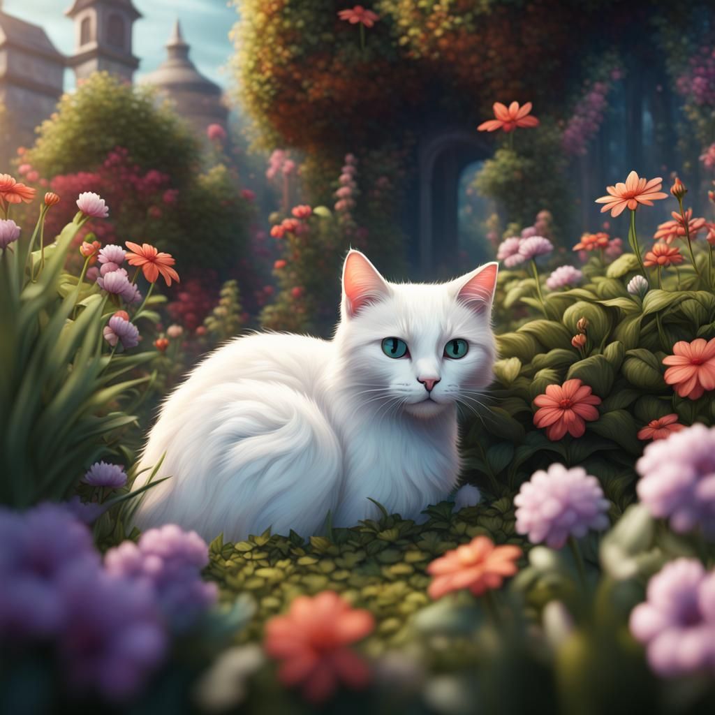 Cute White Cat in Flowerbed: Detailed Matte Painting