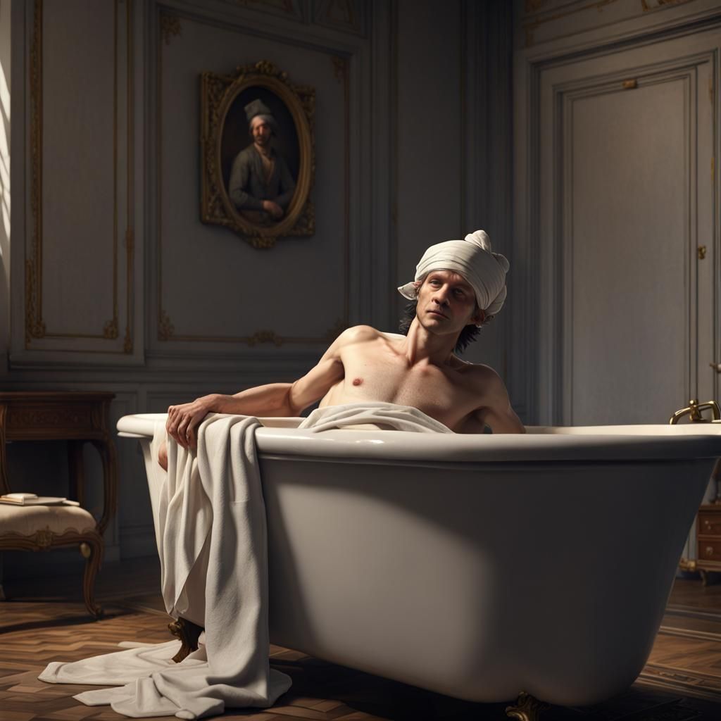 Jean-Paul Marat lies dying in his bathtub