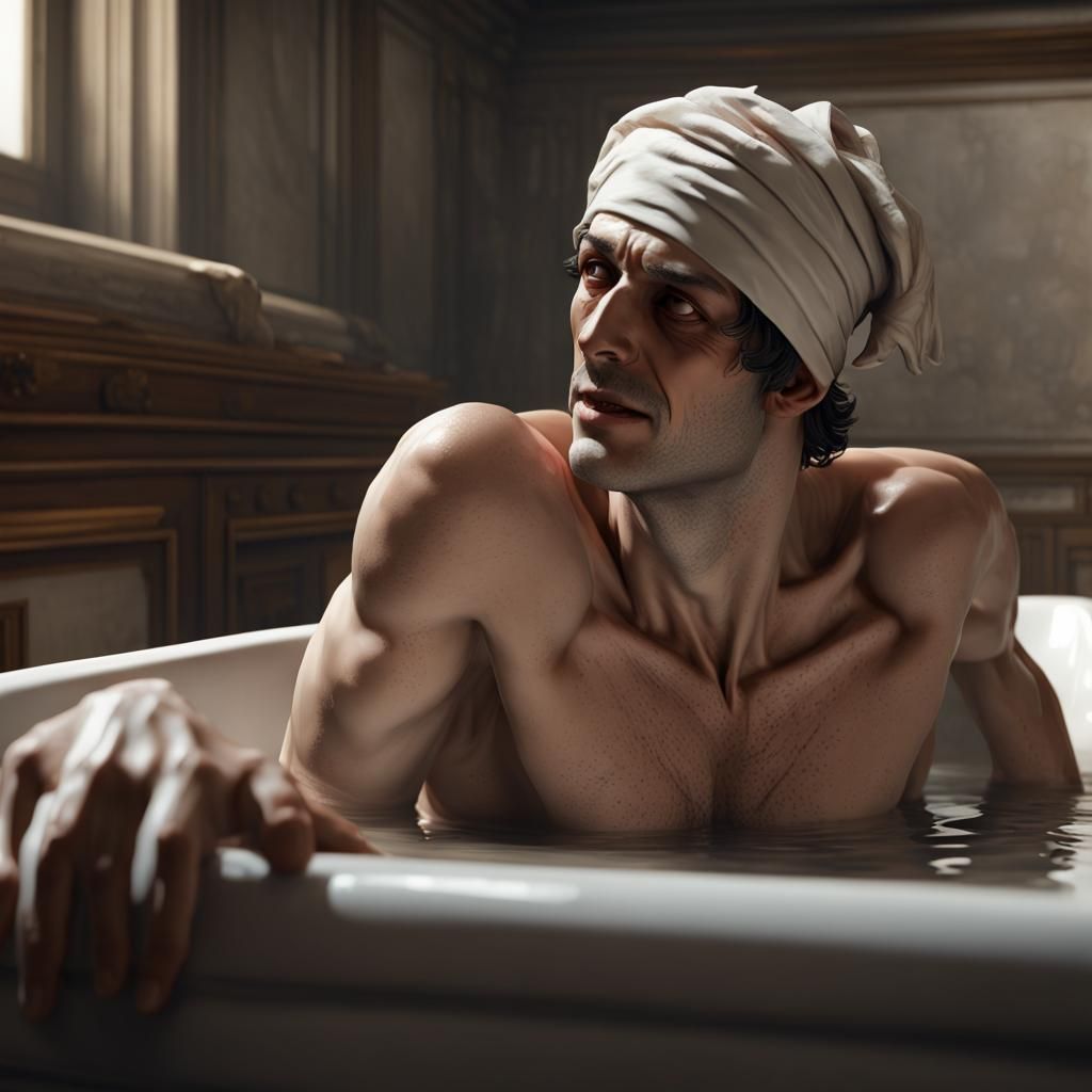 Jean-Paul Marat hears someone coming as he lies in his batht...