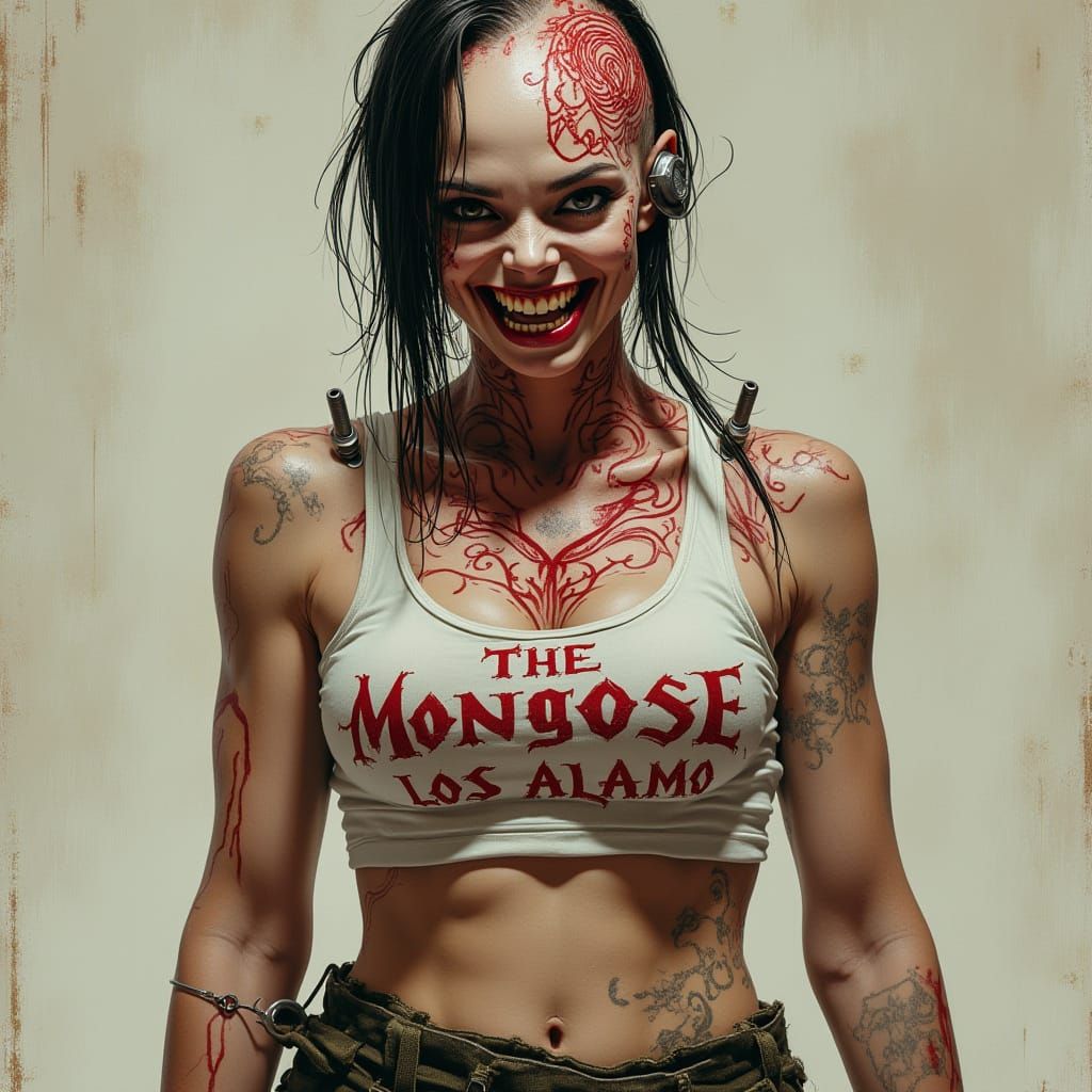 Gothic Cyberpunk Goddess with Swirling Red Tattoos and Cyber...