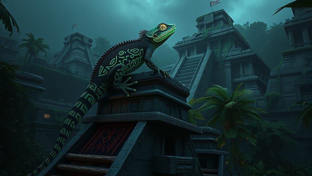 Bioluminescent Gecko on Mayan Temple, Dark Fantasy Art