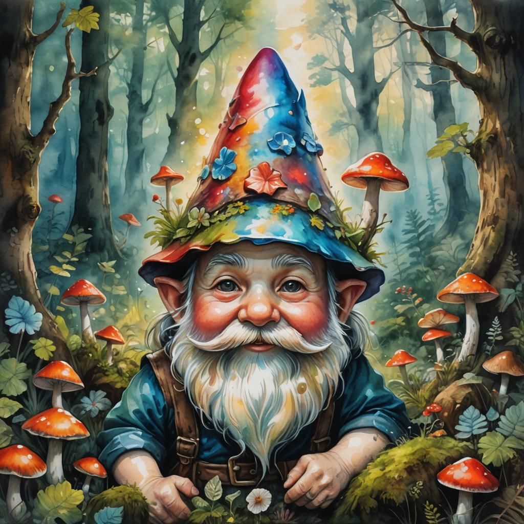 Gnome Portrait in Enchanted Forest, Watercolor Impasto