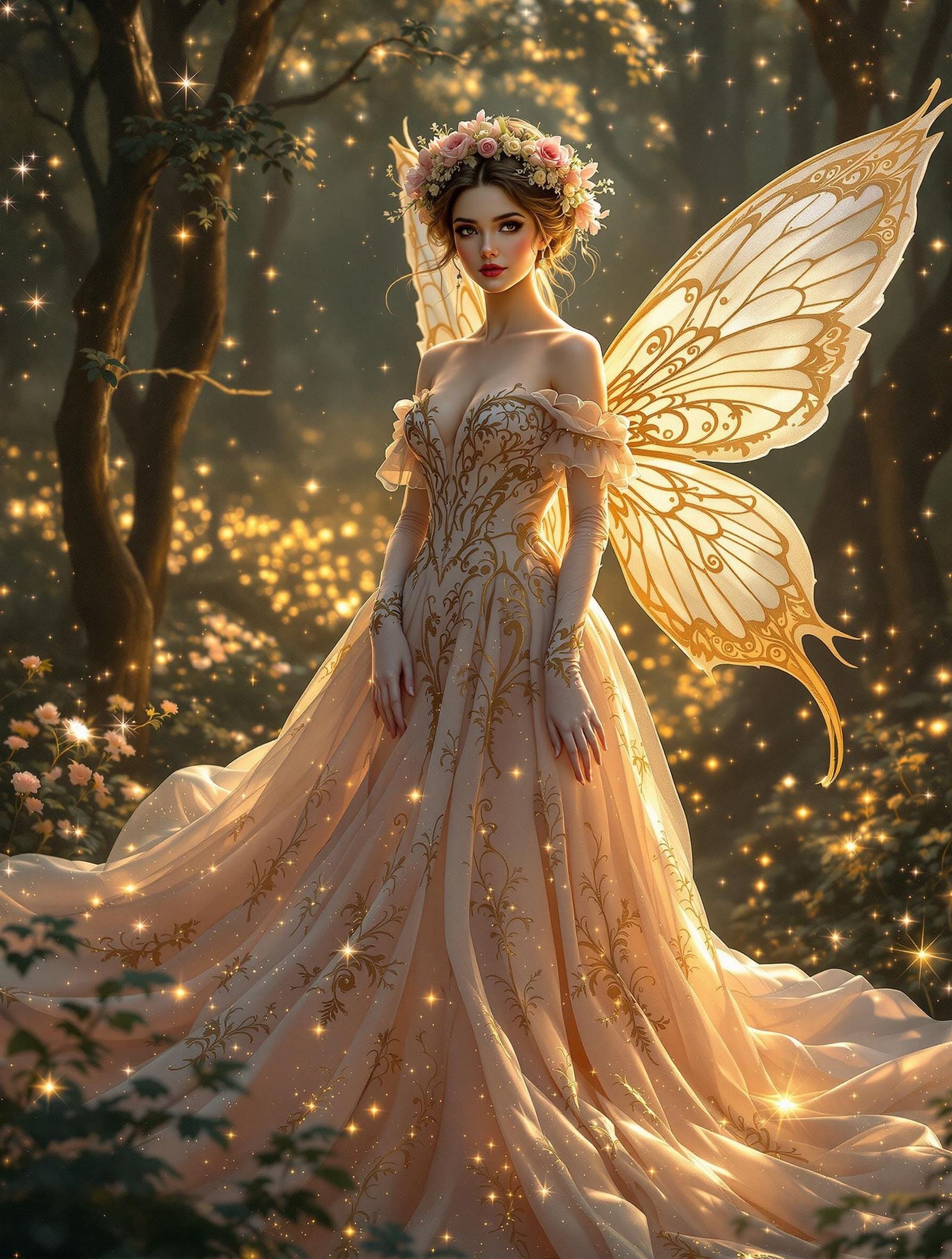 Victorian Fairy Radiates Soft Gold in Shadowed Grove