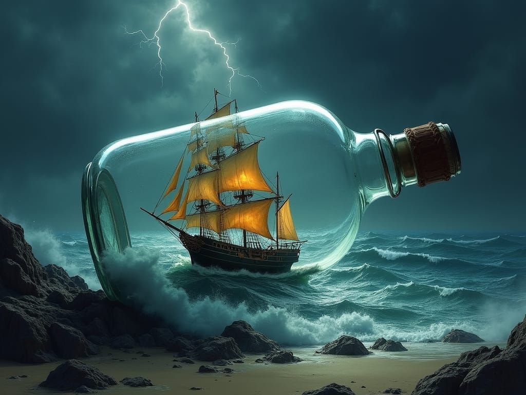 Black Pearl Ship in Crystal Bottle, Stormy Sea