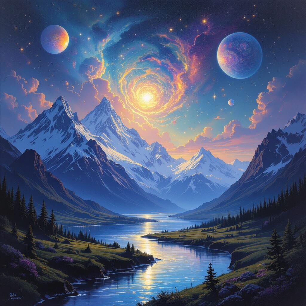 Cosmic Mountain Landscape in Vintage Sci-Fi Style