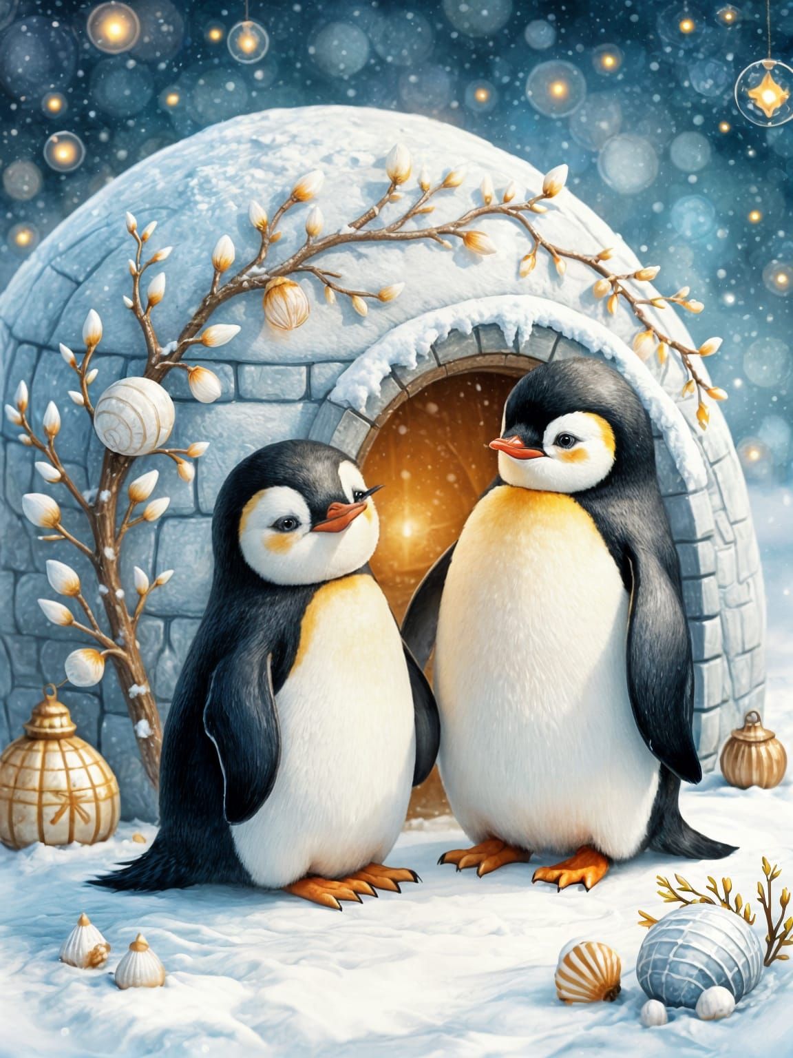 Penguins Celebrate Holidays in Fairy Tale Igloo Scene