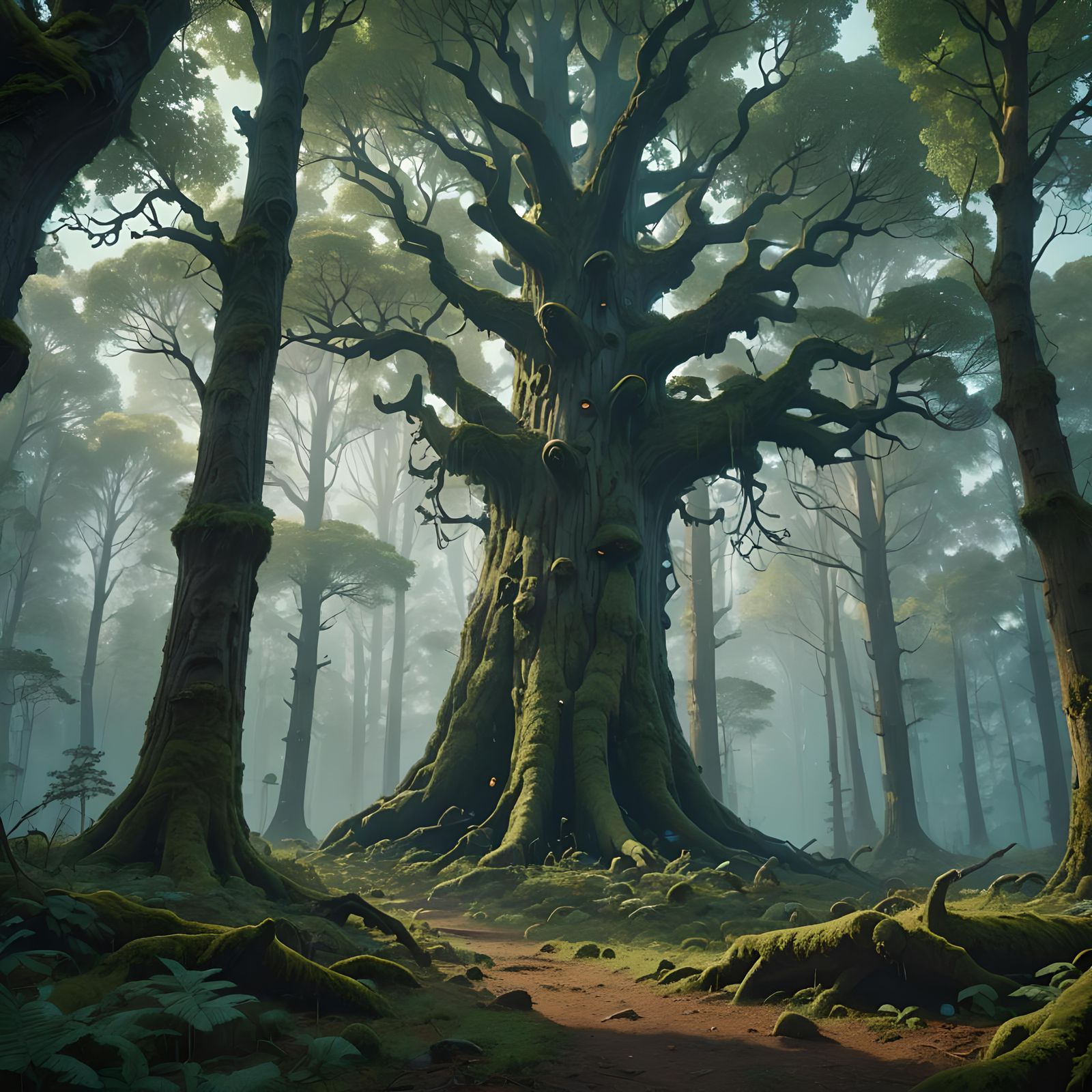 Lush Green Forest with Prominent Tree: Digital Matte Paintin...