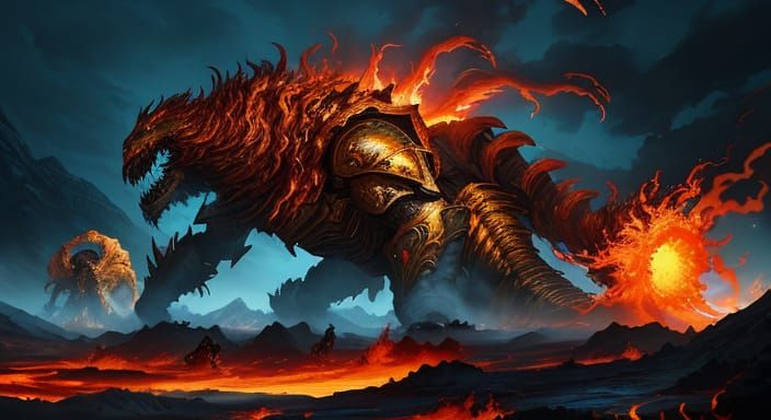 Epic Fantasy Warriors Battle a Fungal Mammoth in a Golden Ho...