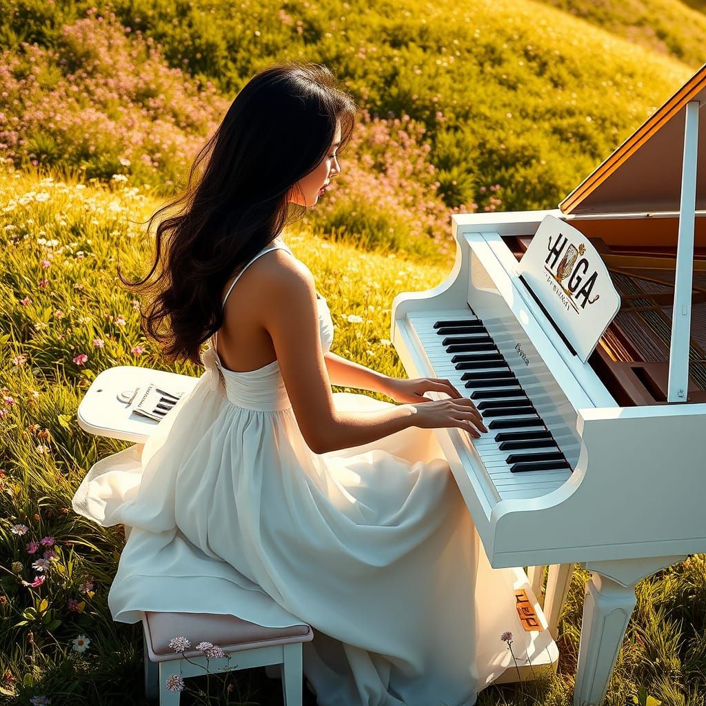 Young Woman Plays Piano on Vibrant Hillside in Hyperrealisti...