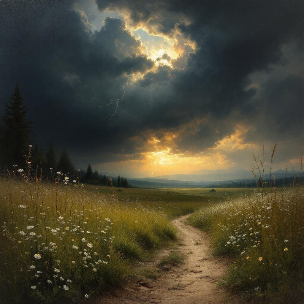 Stormy Sky Over a Flower Meadow, Romantic Style